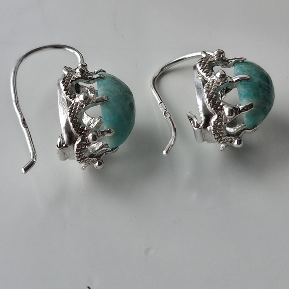 Sterling Silver 925 Amazonite Teal Stone Drop Earrings Vintage Boho Large - Picture 5 of 9